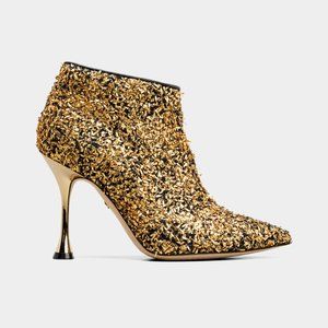 NEW Manolo Blahnik Size 35.5 EU Pluta Golden Speck Metallic-Stiletto Booties